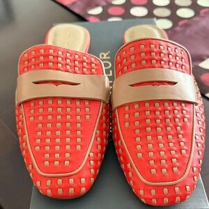 Ann Taylor Red & Tan Perforated Slip-On Mules
